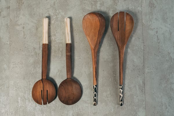 OLIVE WOOD & SPIRAL BONE SALAD SERVER SET - KENYA